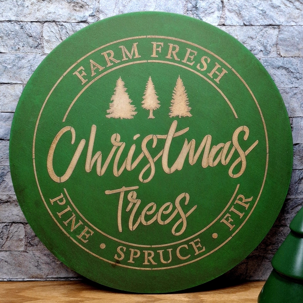 Farm Fresh Christmas Trees Aged Wood Round Sign Holiday Green Wall Shelf Decor